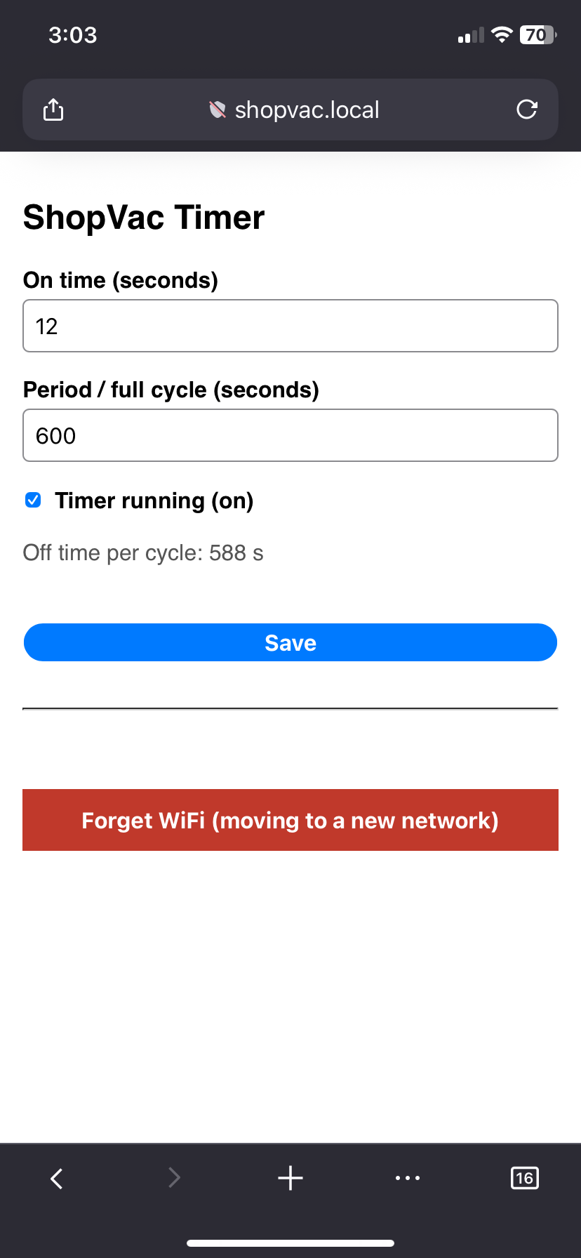 A phone showing the ShopVac Timer web page served from shopvac.local: an On time field set to 12 seconds, a Period field set to 600 seconds, a 'Timer running' checkbox, an off-time readout of 588 seconds, a Save button, and a 'Forget WiFi' button.