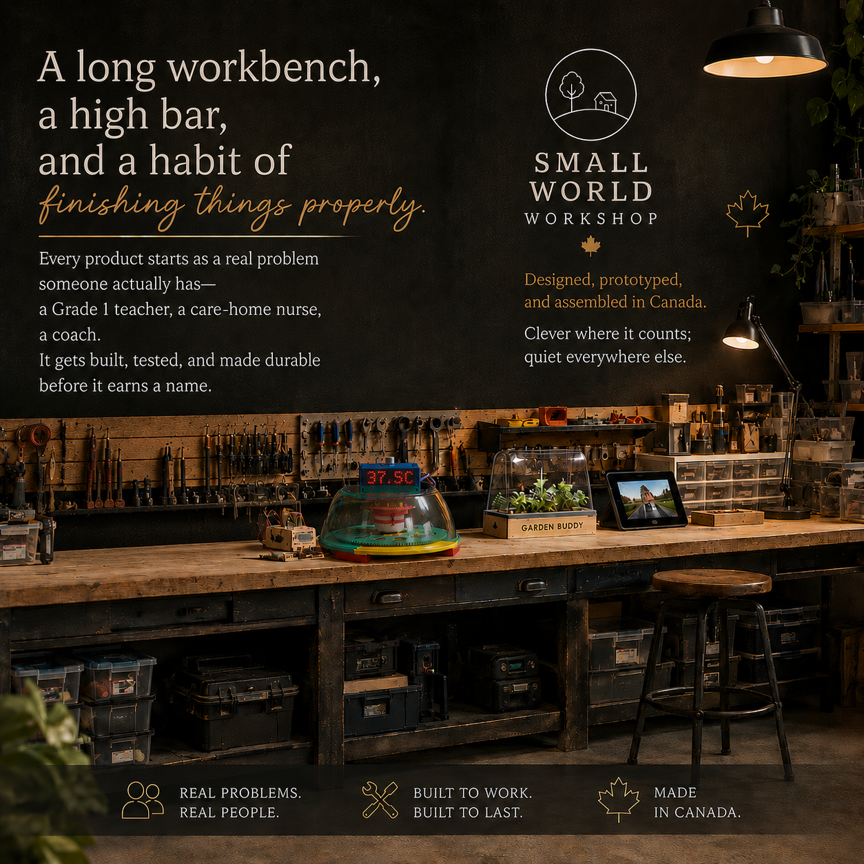 The Small World Workshop bench: a long workbench, a high bar, and a habit of finishing things properly. Every product starts as a real problem someone actually has, designed and built to last.